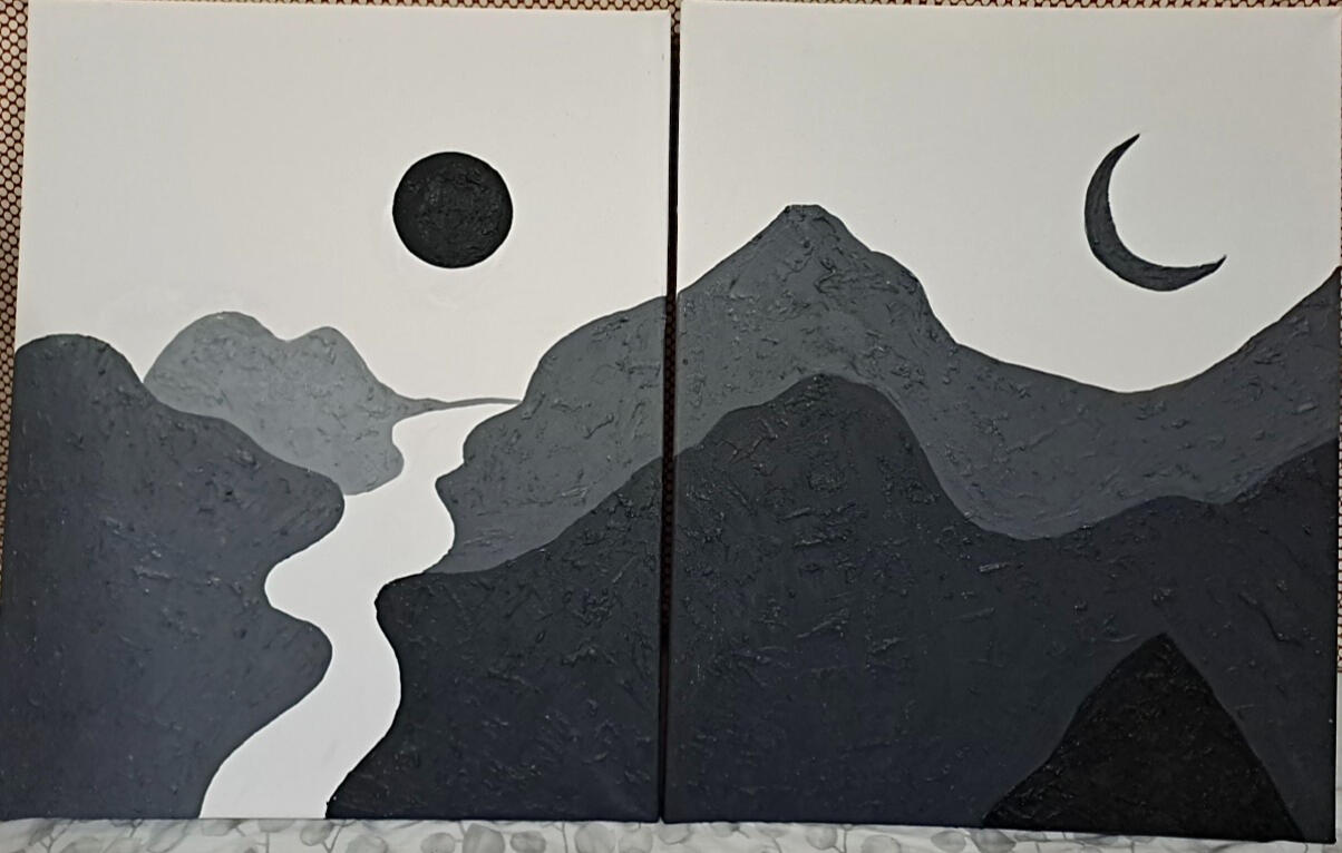 Two Sides. This was a commission done in 2025. Medium : Acrylic &amp; Plaster on canvas - Mixed media. Size : Not sure the exact measurements but these were medium sized canvases.
